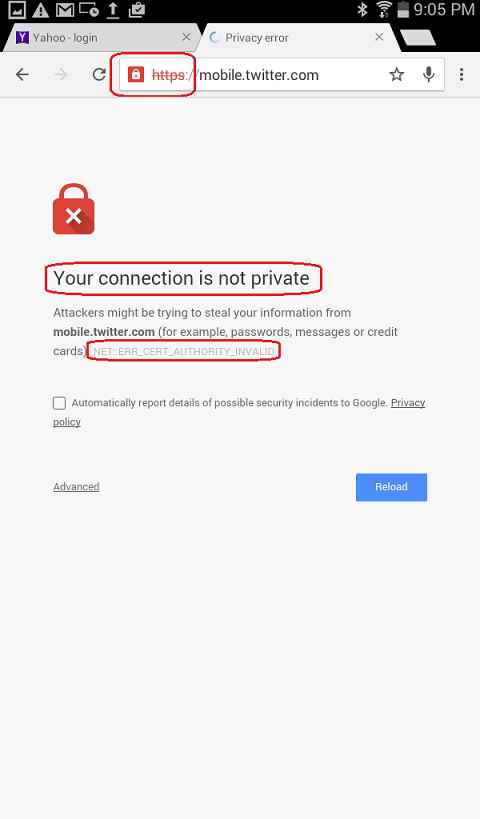 Android Chrome Error - Your connection is not private