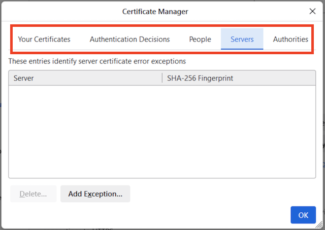 Firefox Certificate Manager - Certificate Stores
