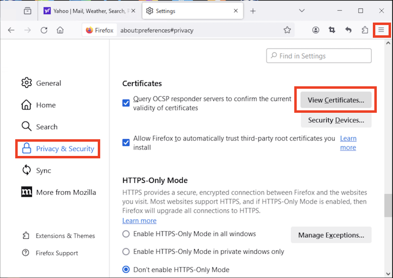 Mozilla Firefox Settings - View Certificates