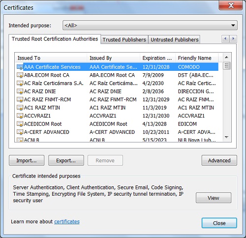 Google Chrome - Trusted Root Certification Authorities