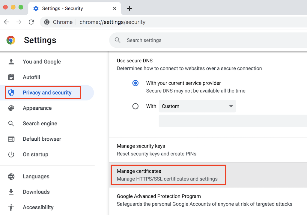 Google Chrome Settings - Manage Certificates