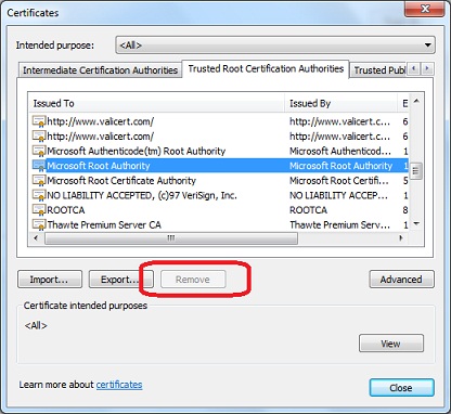 IE - Delete Root CA Certificate