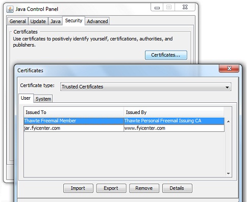 Java Control Panel - Security Certificates