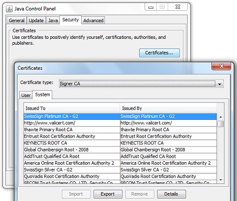 Java Control Panel - Signer CA Certificates