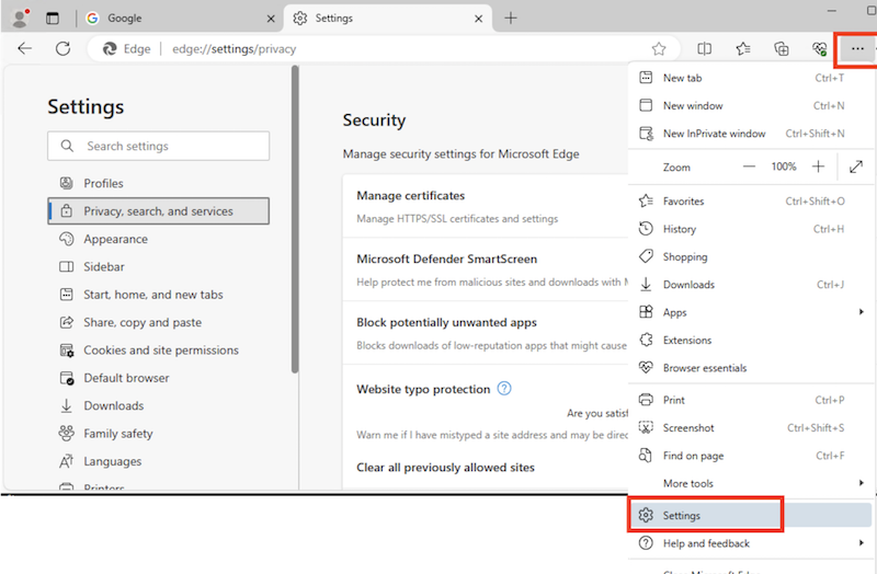 Access Settings in Microsoft Edge