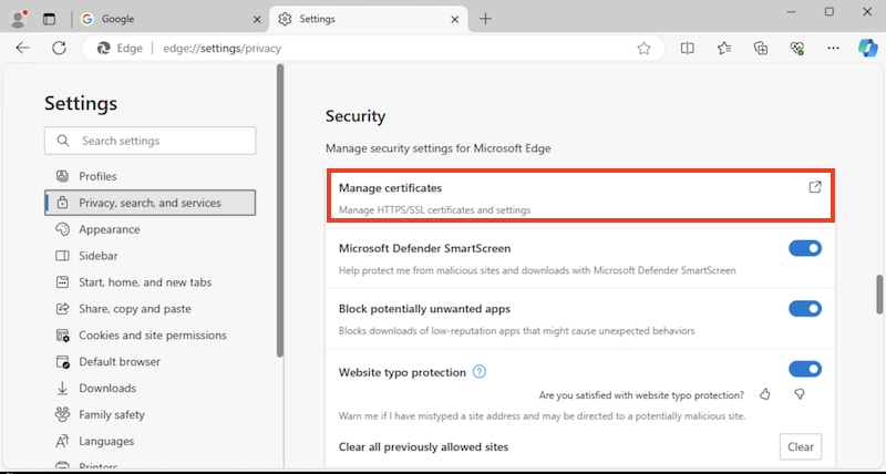 Microsoft Edge Settings - Manage Certificates