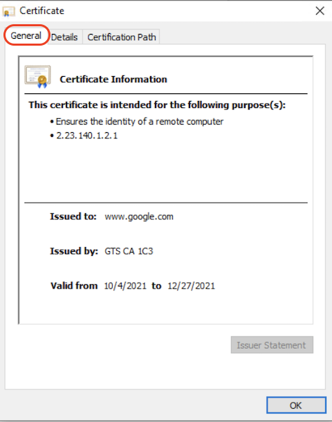 Microsoft Edge - Website Certificate General Info
