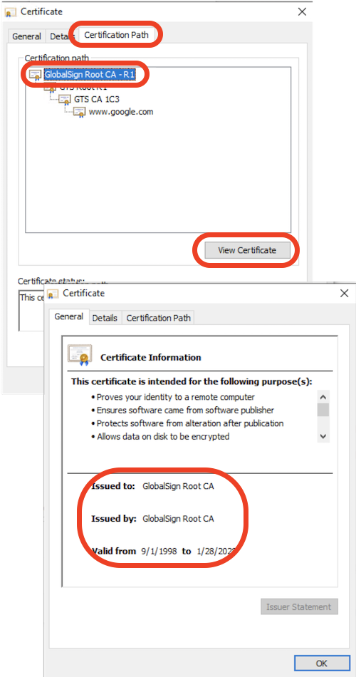 Microsoft Edge - Website Certificate Signing Path