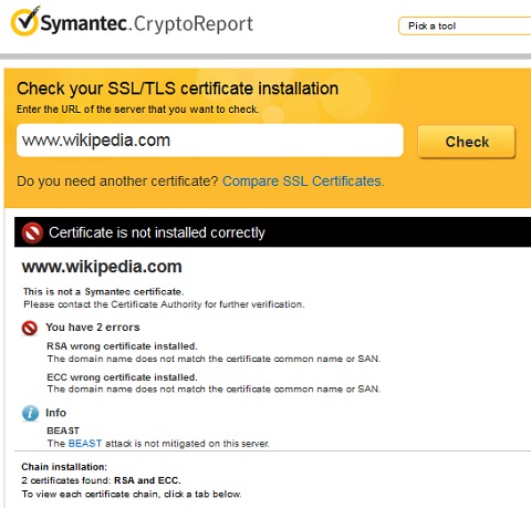Symantec SSL/TLS Certificate Installation Checker - Failed Example