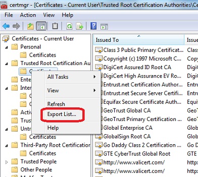 certmgr.msc - Export Certificate List